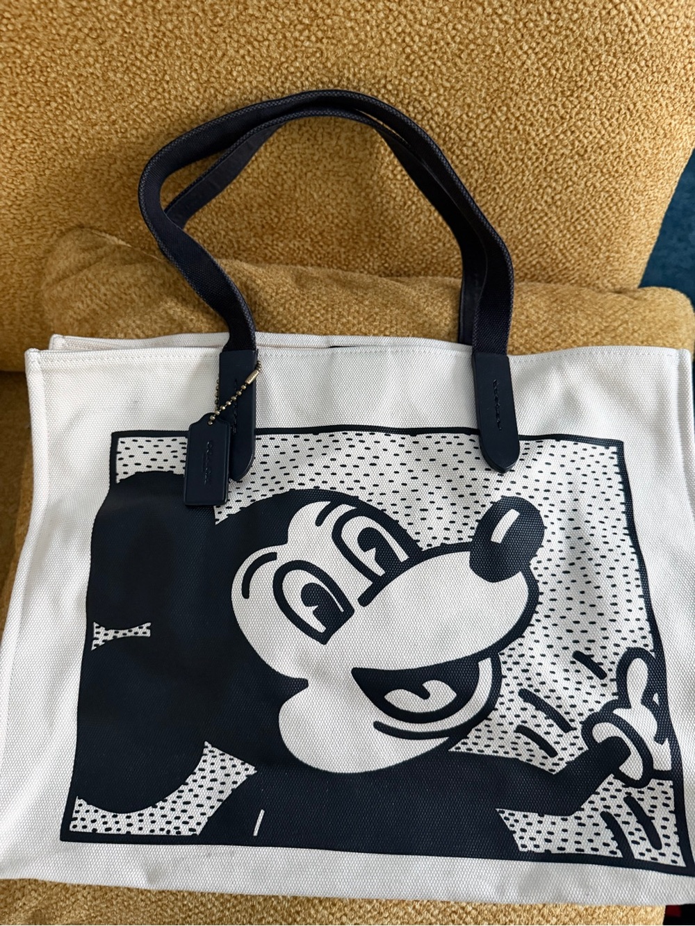 Coach Mickey Keith Herring White Canvas Tote with Black Character Print